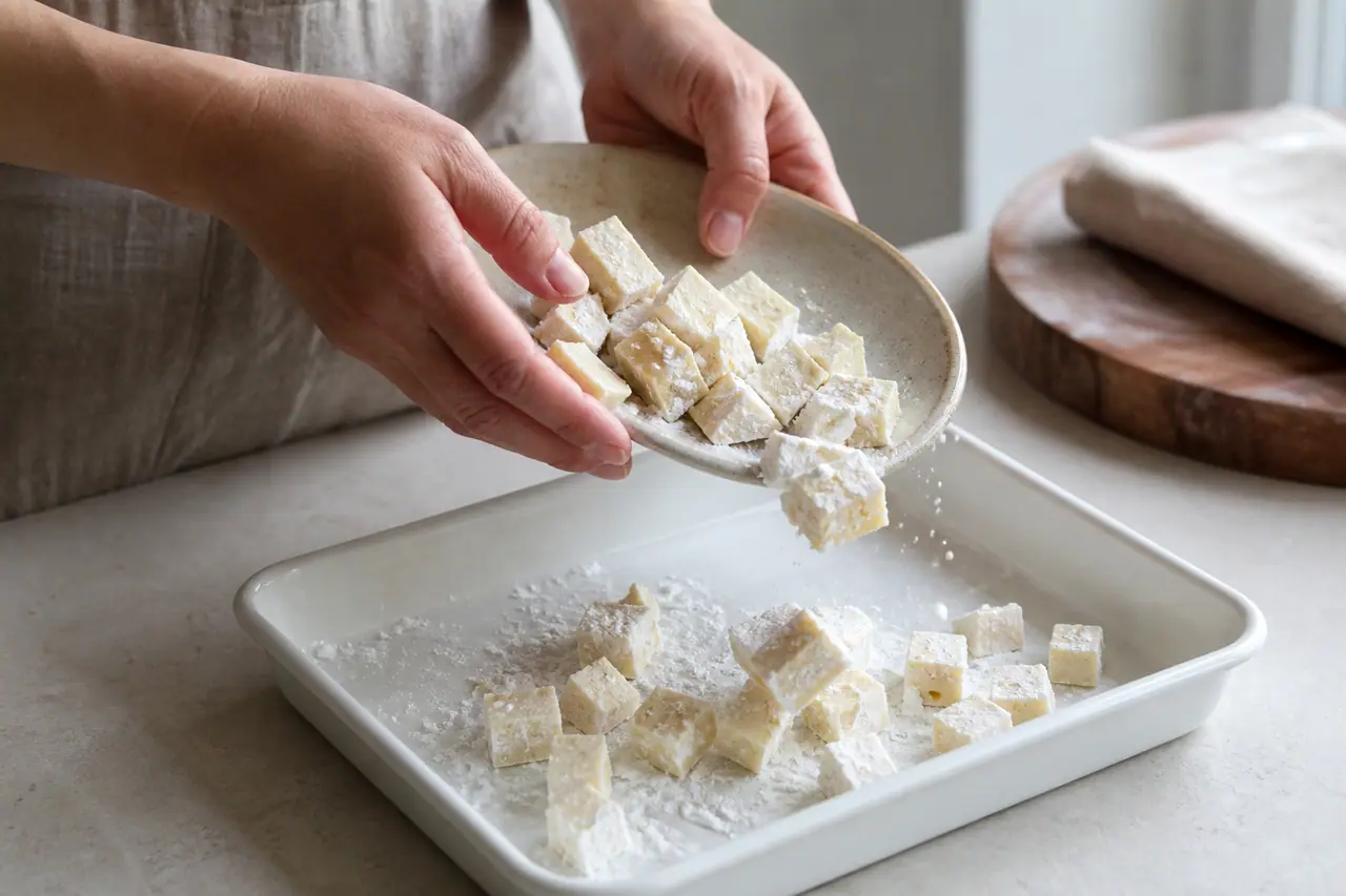 Hands shaking excess cornstarch from tofu pieces over a tray