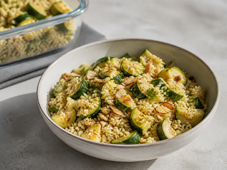 Courgette almond couscous with lemon dressing and a dry almond topping