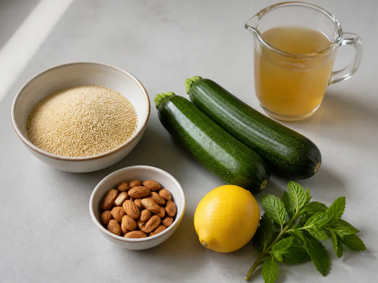 Courgettes couscous almonds lemon and herbs ready for cooking