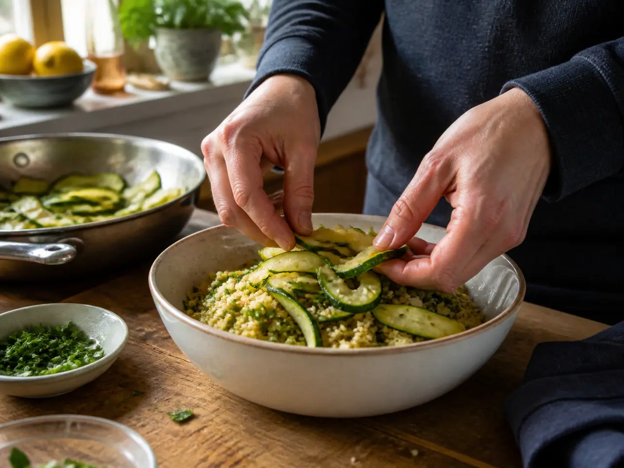 Hands turning browned courgette pieces in a wide frying pan