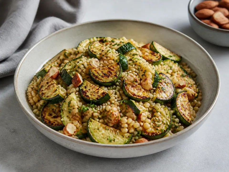 Courgette almond couscous with fresh lemon and herbs after reheating