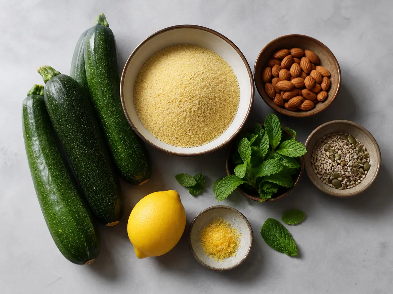 Courgettes couscous almonds lemon and herbs ready for cooking