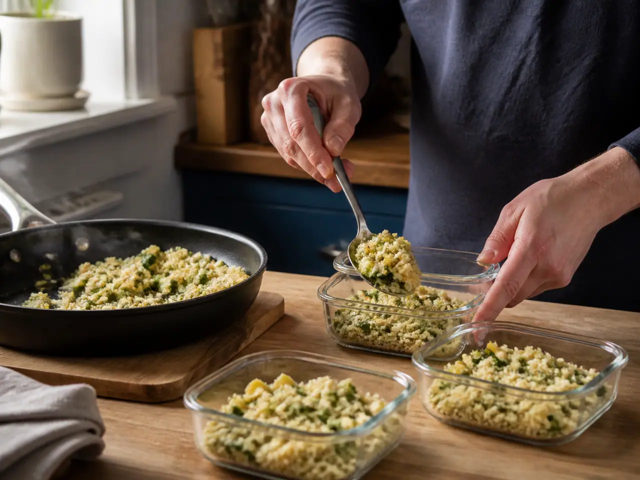 Hands turning browned courgette pieces in a wide frying pan