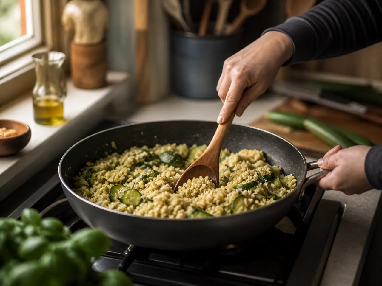 Hands turning browned courgette pieces in a wide frying pan