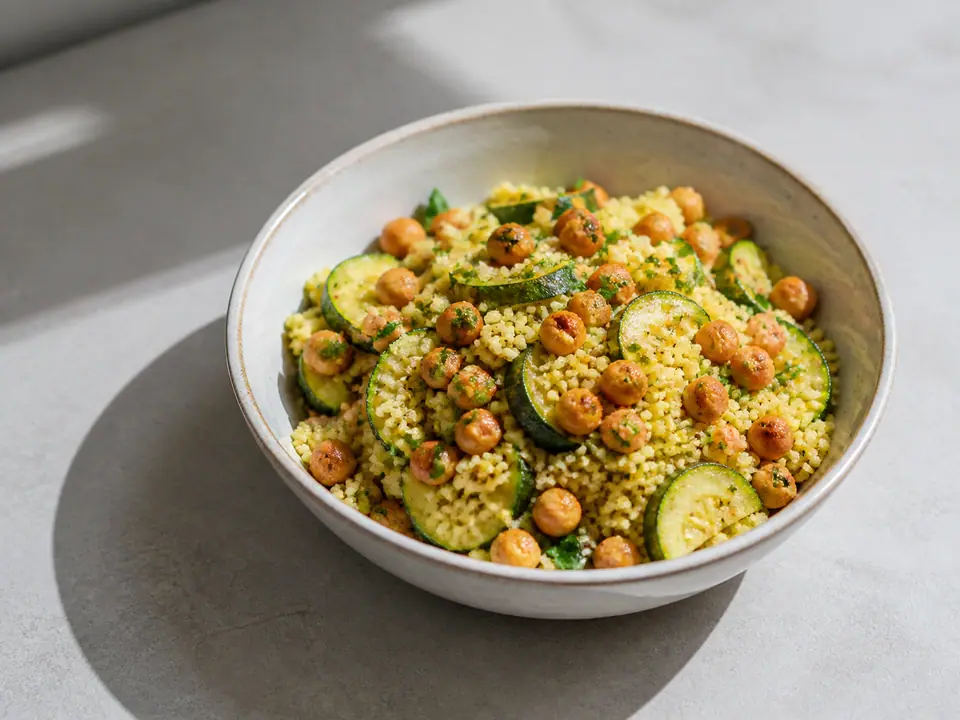 Courgette almond couscous with crispy chickpeas