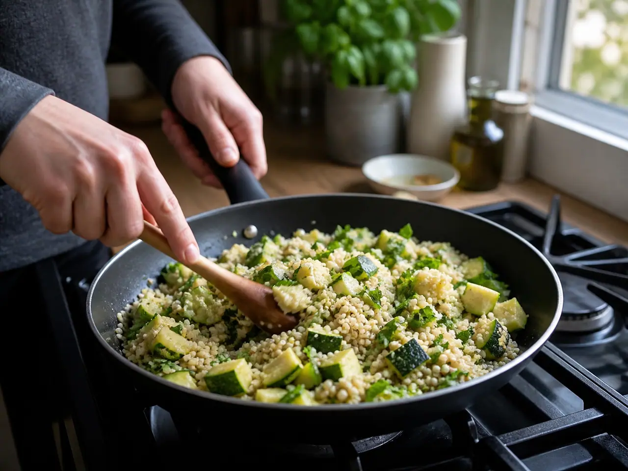 Hands turning browned courgette pieces in a wide frying pan