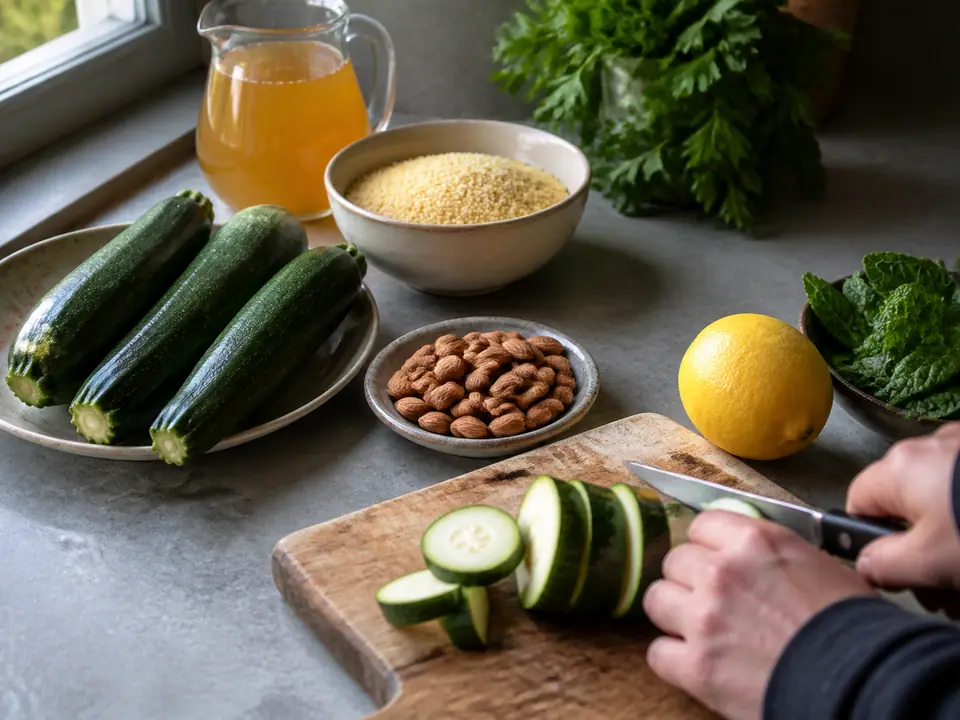 Courgette almond couscous with lemon and mint