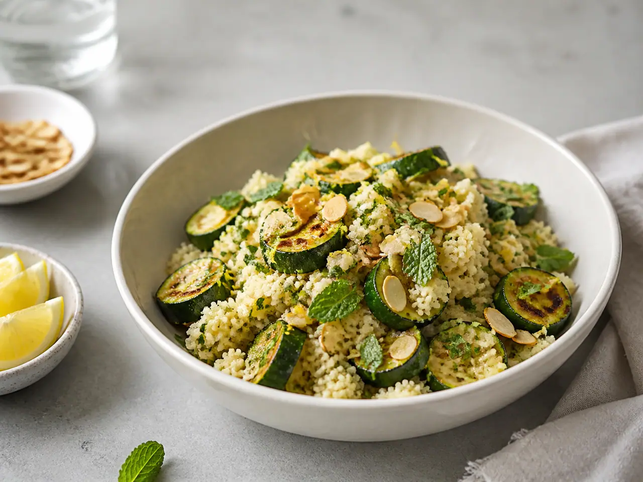 Courgettes couscous almonds lemon and herbs ready for cooking