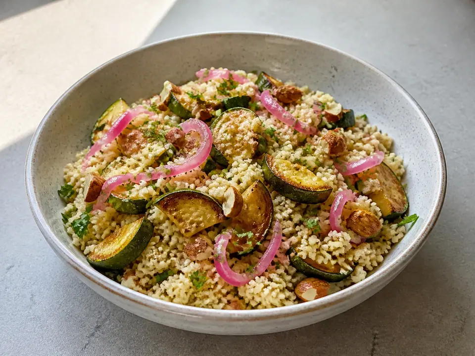 Courgette almond couscous with quick pickled red onions