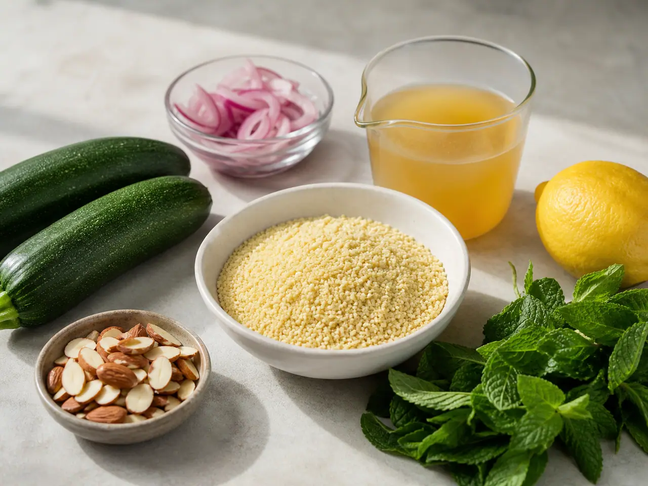 Courgettes couscous almonds lemon and herbs ready for cooking