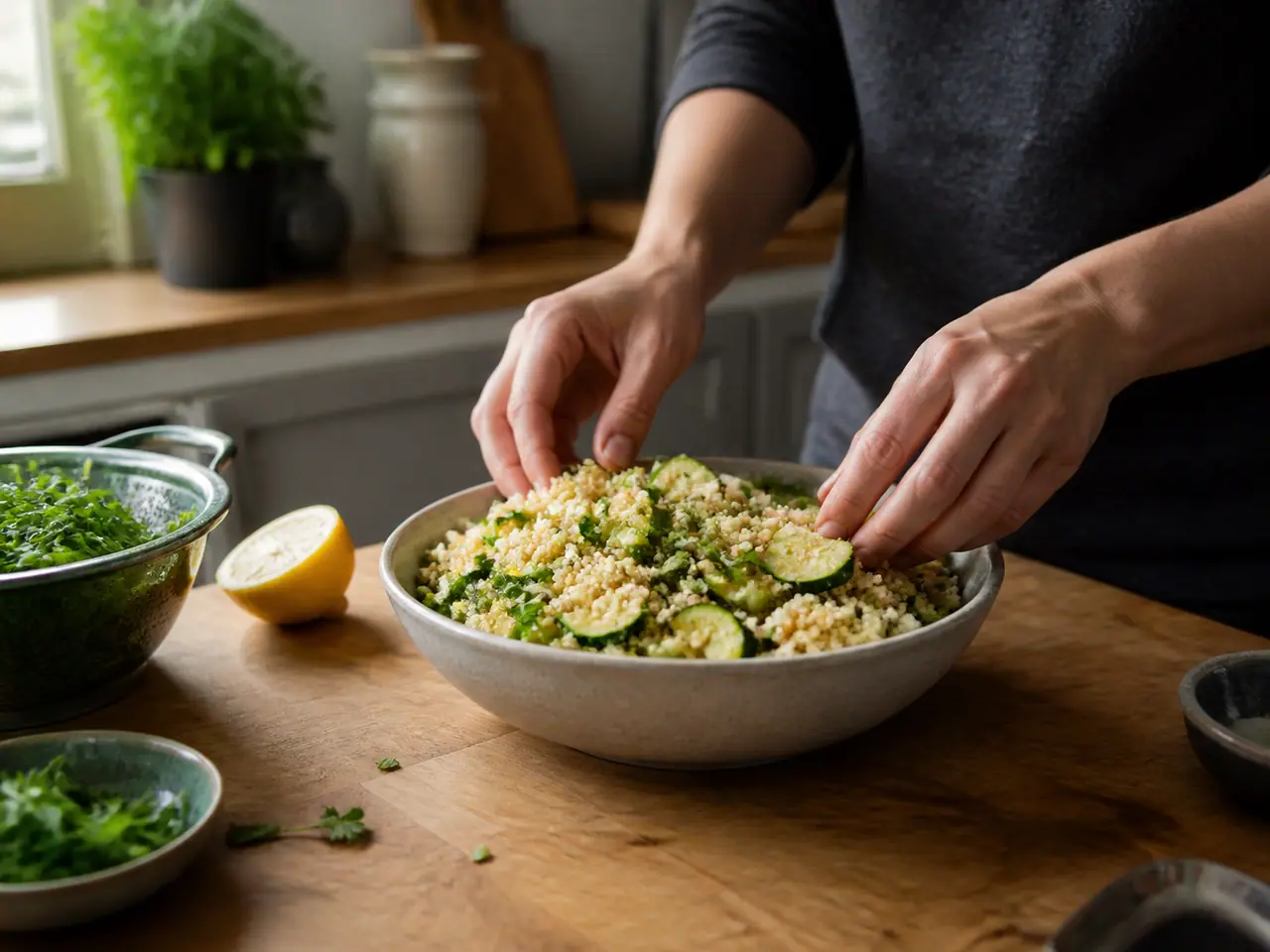 Hands turning browned courgette pieces in a wide frying pan