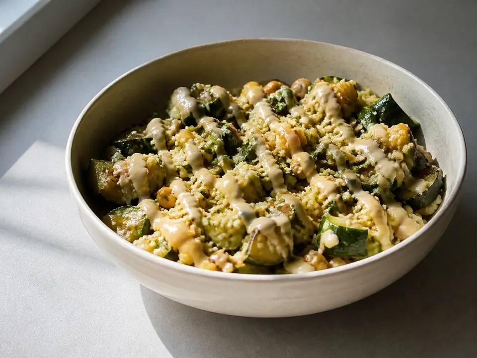 Courgette almond couscous with lemon tahini
