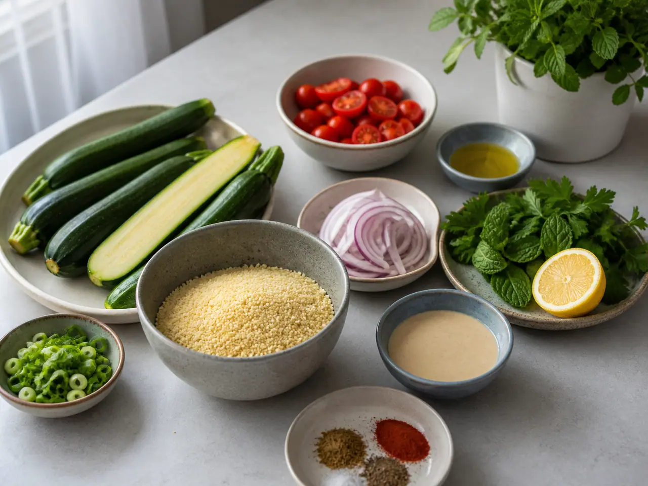 Courgettes couscous almonds lemon and herbs ready for cooking