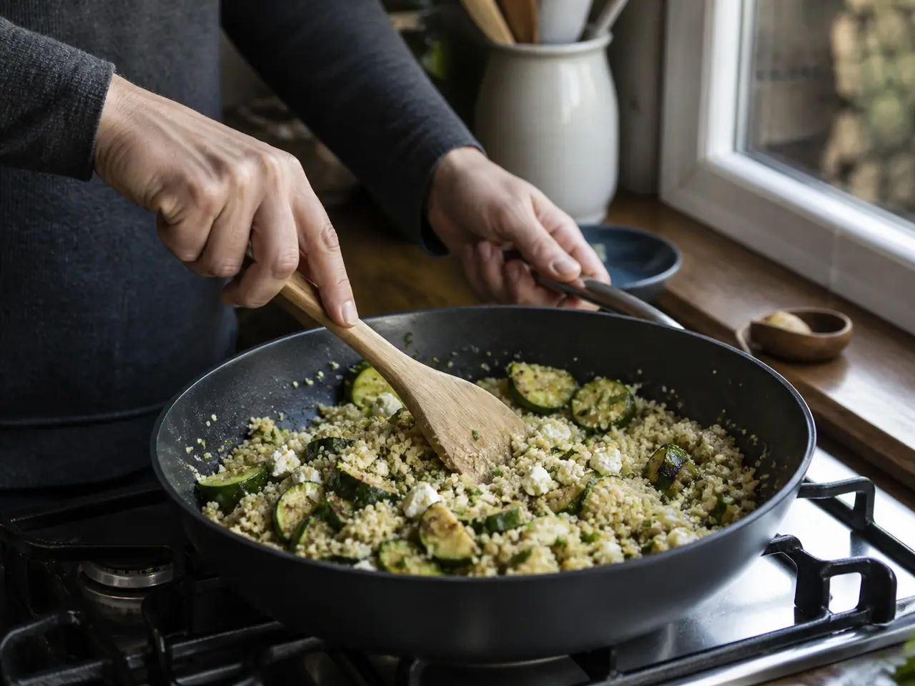 Hands turning browned courgette pieces in a wide frying pan