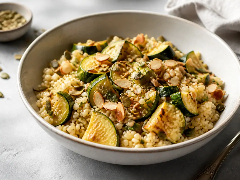 Courgette almond couscous with toasted pumpkin and sesame seeds