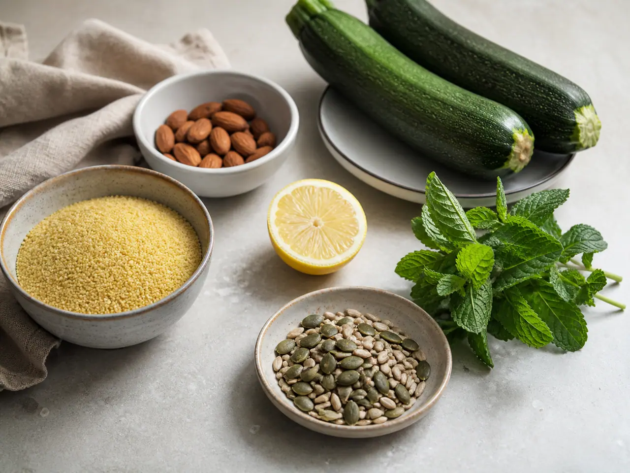 Courgettes couscous almonds lemon and herbs ready for cooking