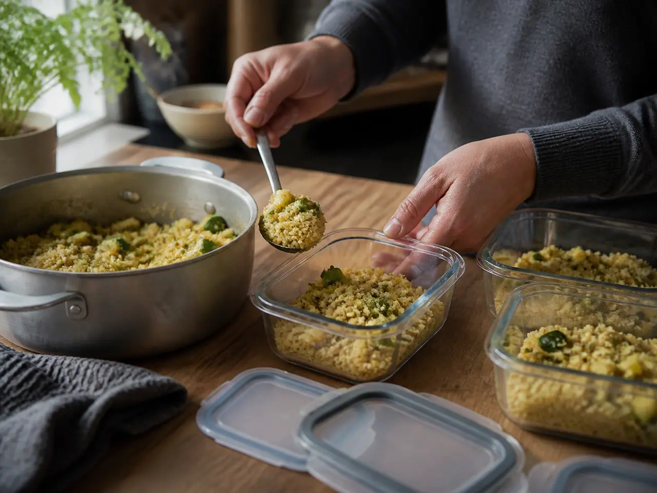 Hands turning browned courgette pieces in a wide frying pan