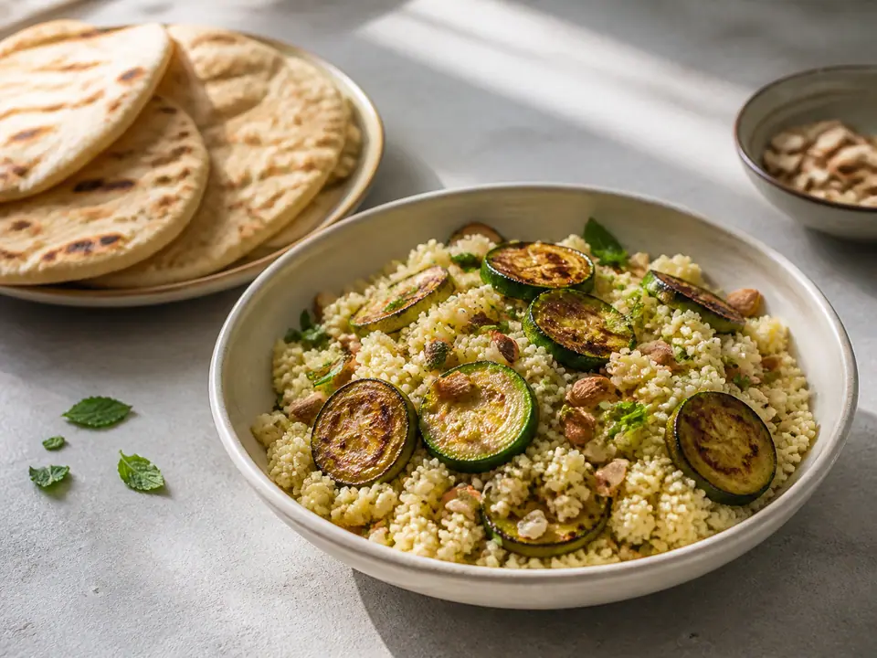 Courgette almond couscous with warm garlic flatbread