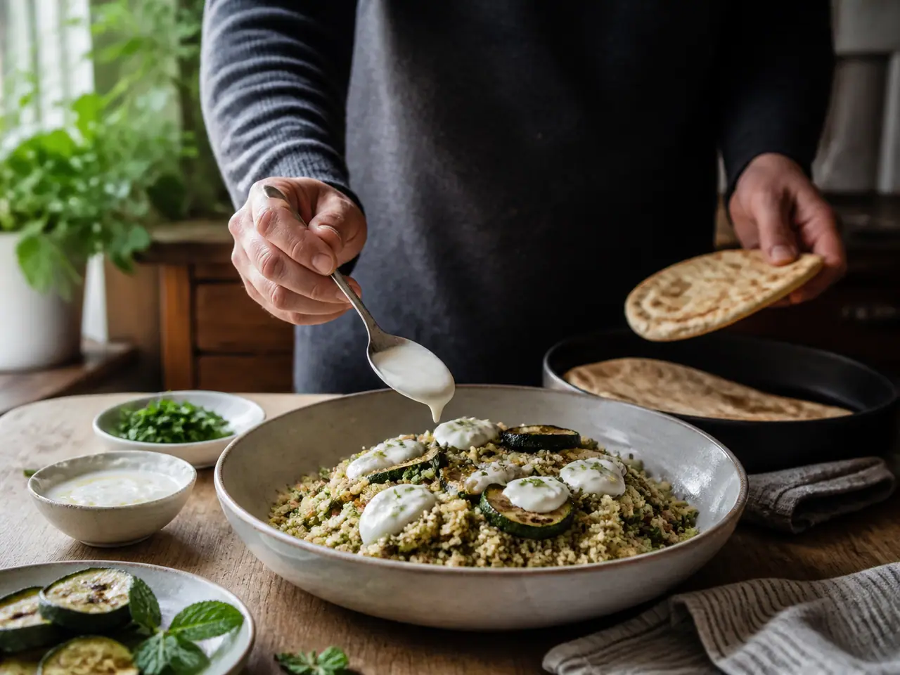 Hands turning browned courgette pieces in a wide frying pan