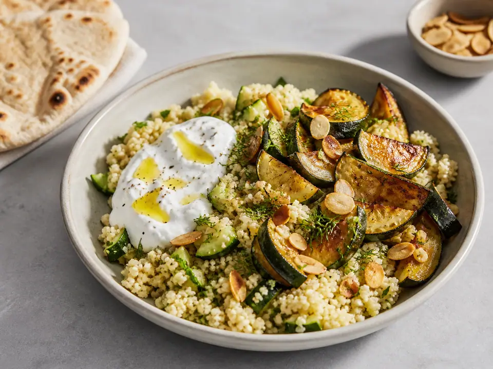 Courgette almond couscous with cool lemony yogurt