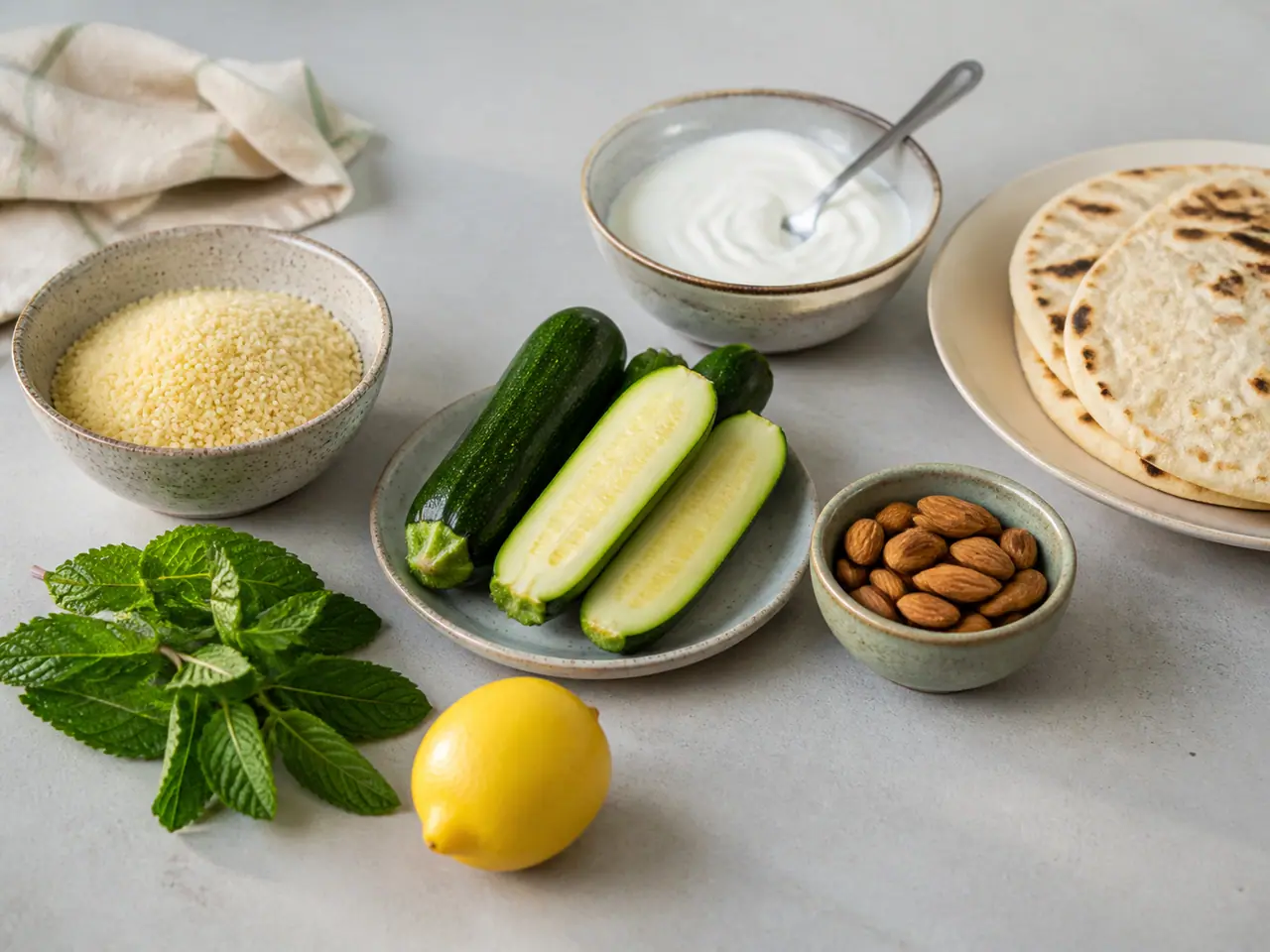 Courgettes couscous almonds lemon and herbs ready for cooking
