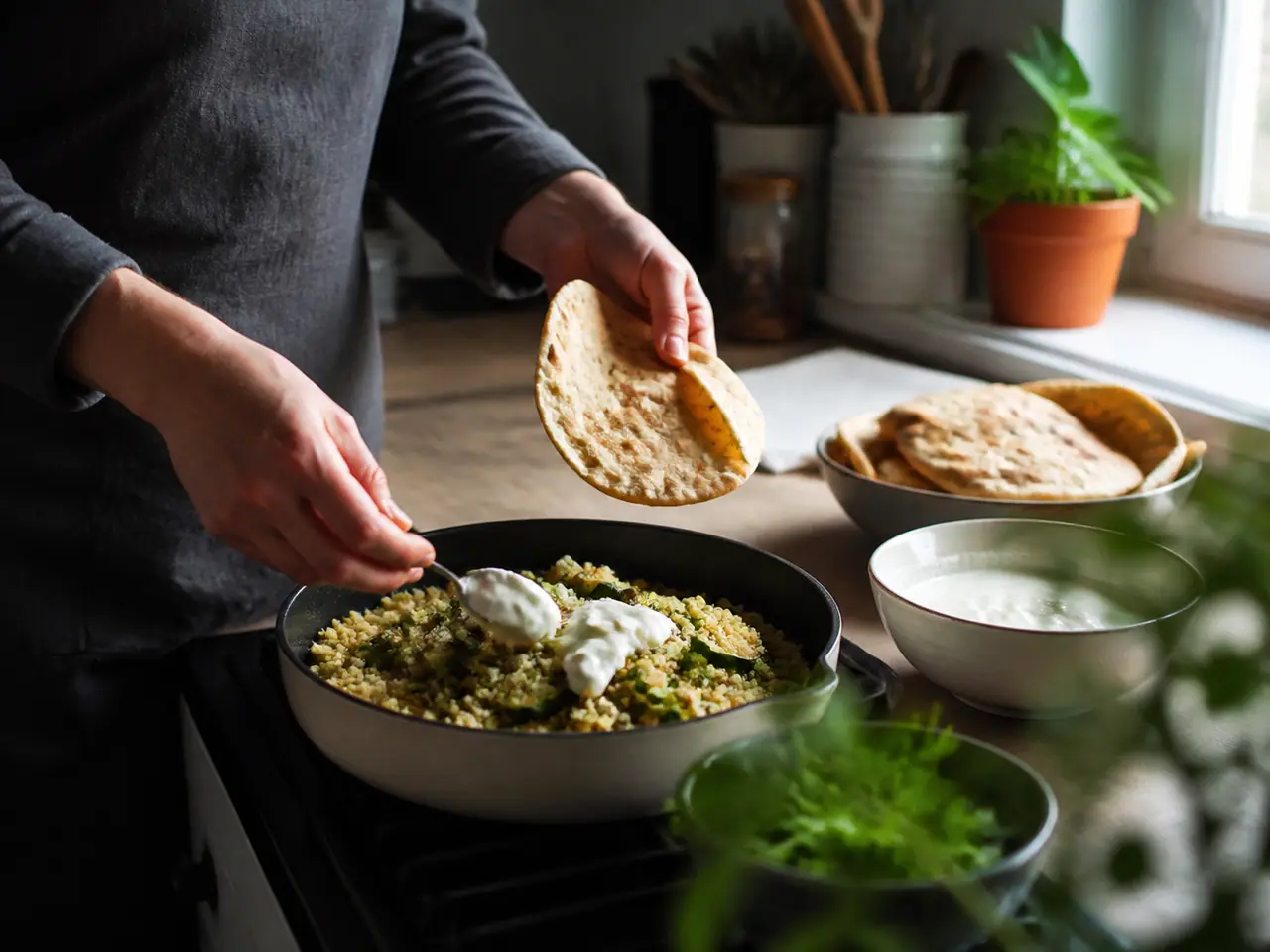 Hands turning browned courgette pieces in a wide frying pan