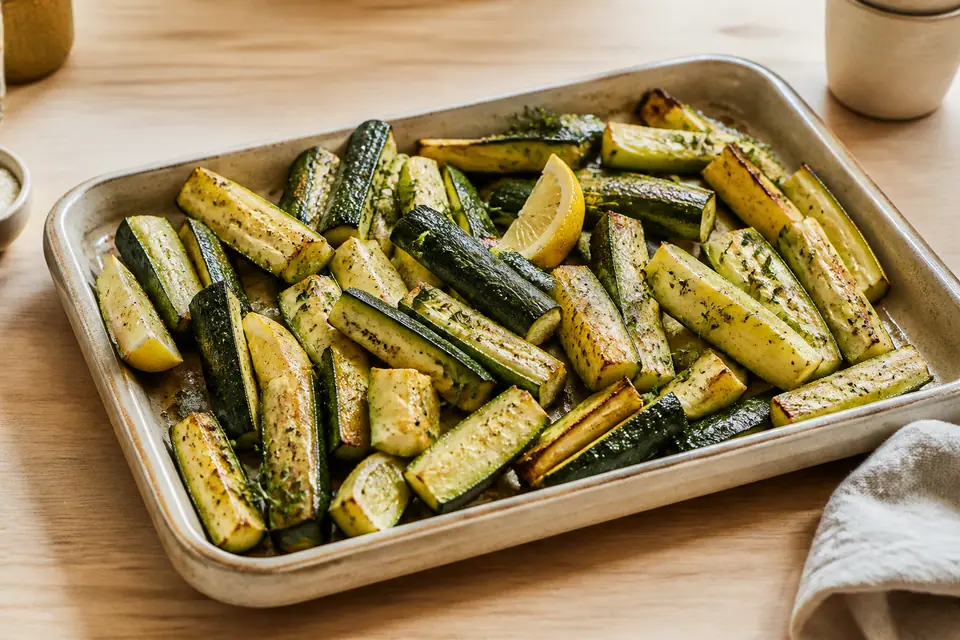 Roasted courgette and zucchini batons with browned edges