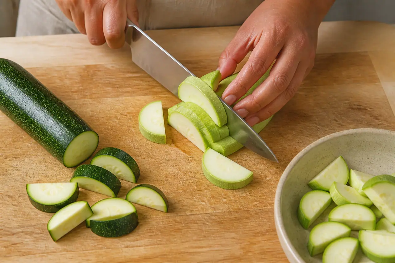 Hands slicing pale courgette and dark zucchini on a board