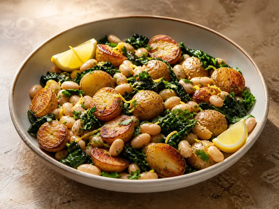 Crispy lemon potatoes with white beans and dark leafy greens in a shallow bowl