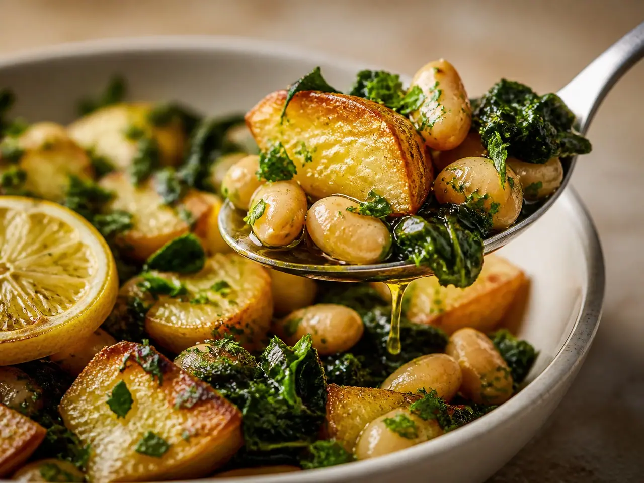 Spoon lifting crisp potatoes, white beans and glossy greens from the skillet