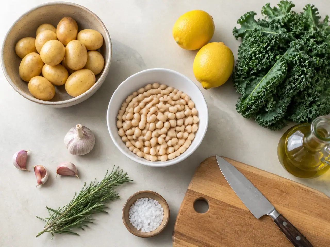 Baby potatoes, white beans, lemons, kale, garlic, rosemary and oil ready for cooking