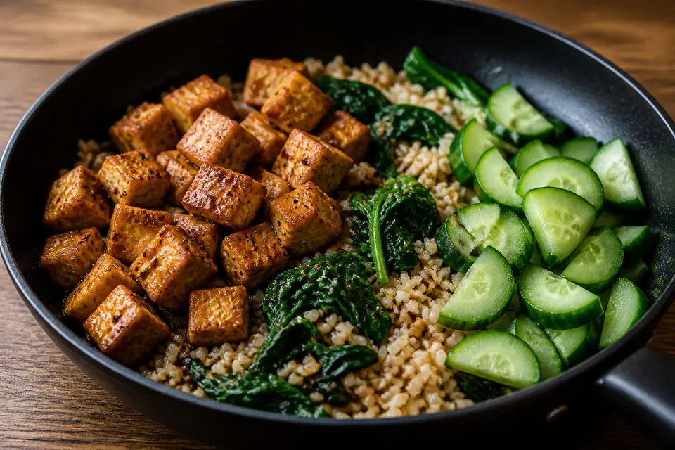 Crispy tofu cucumber rice and greens in one skillet