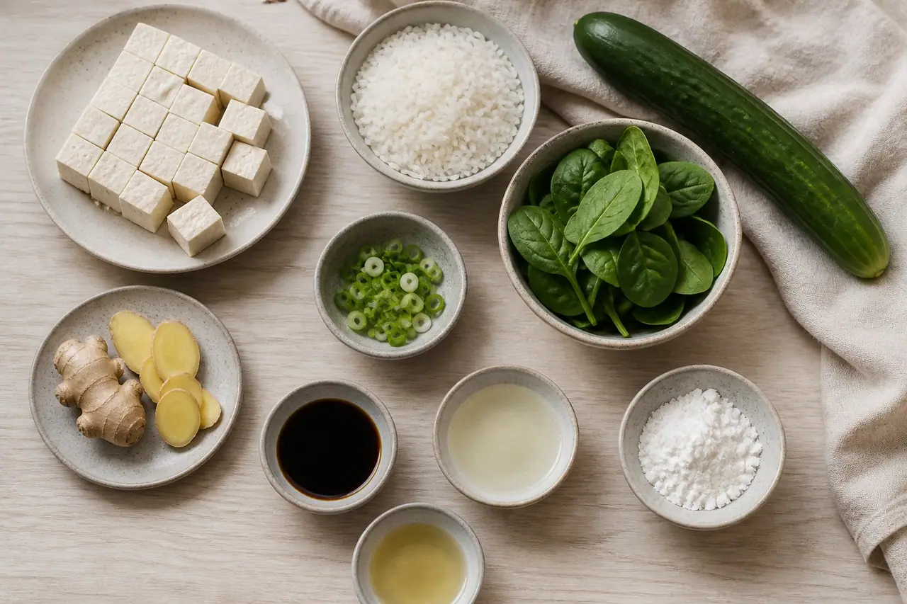 Tofu rice cucumber spinach ginger soy sauce vinegar and cornstarch