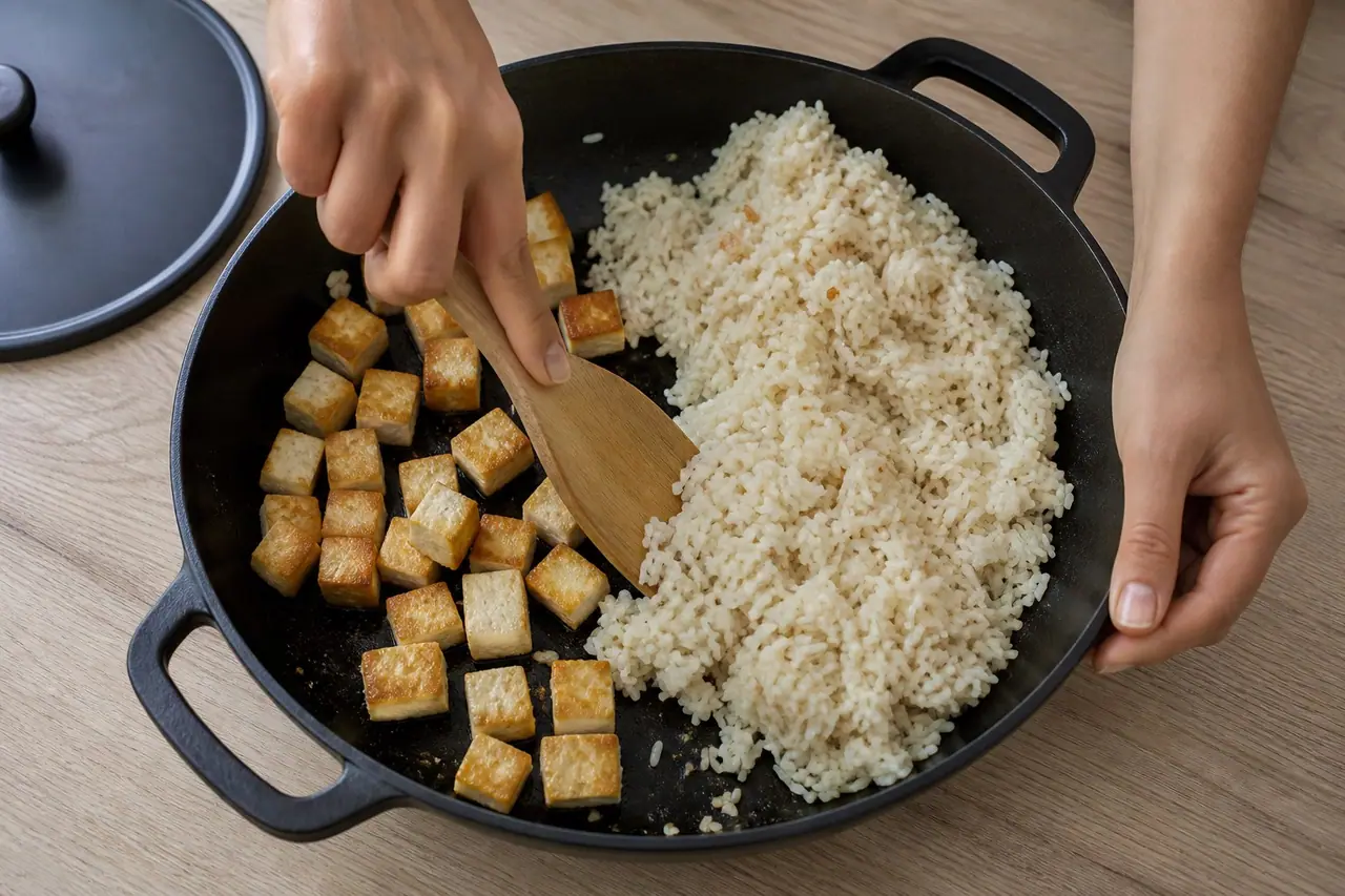 Hands pushing crisp tofu and rice to separate spaces in one skillet