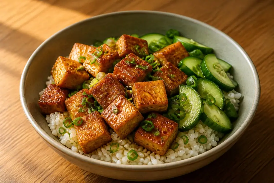 Reheated crispy tofu rice and fresh cucumber bowl