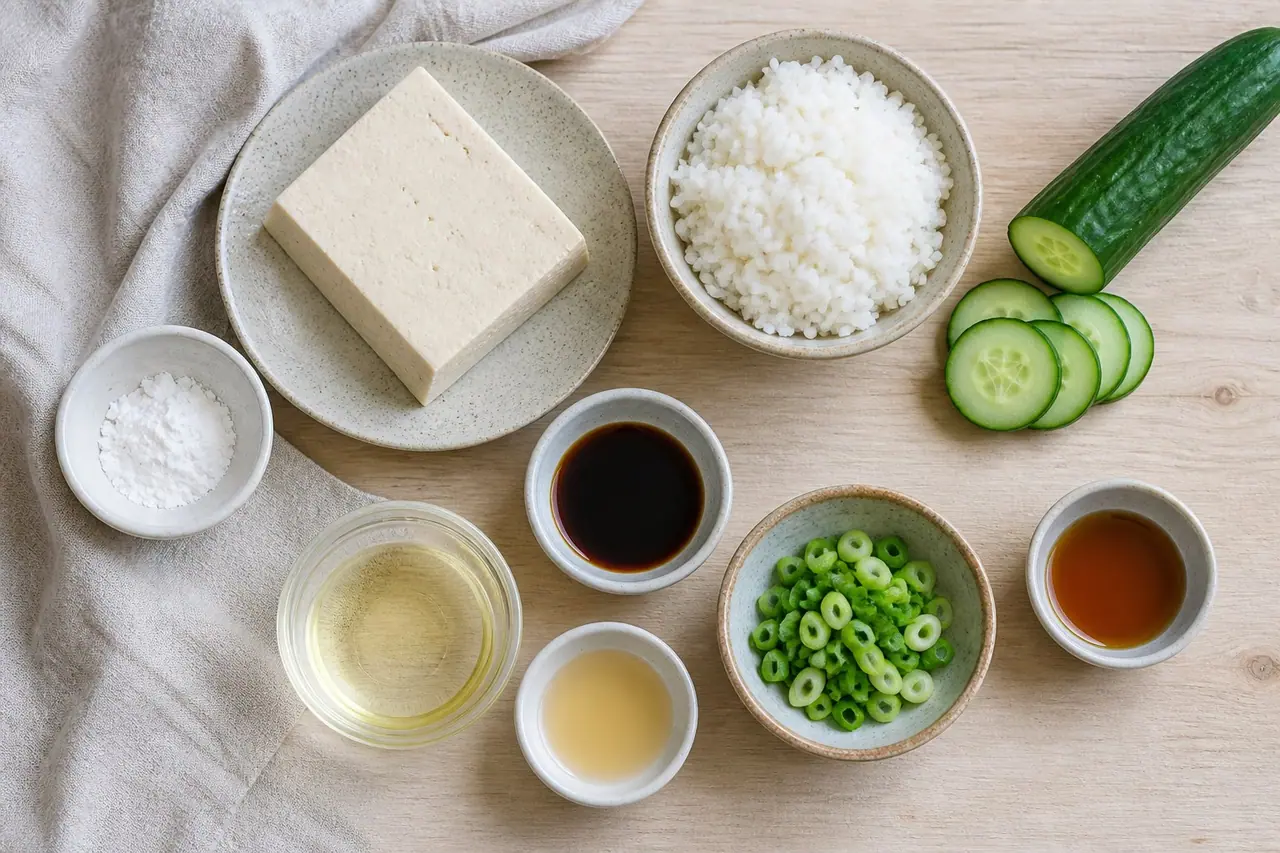 Tofu rice cucumber vinegar sesame oil spring onions cornstarch and soy sauce