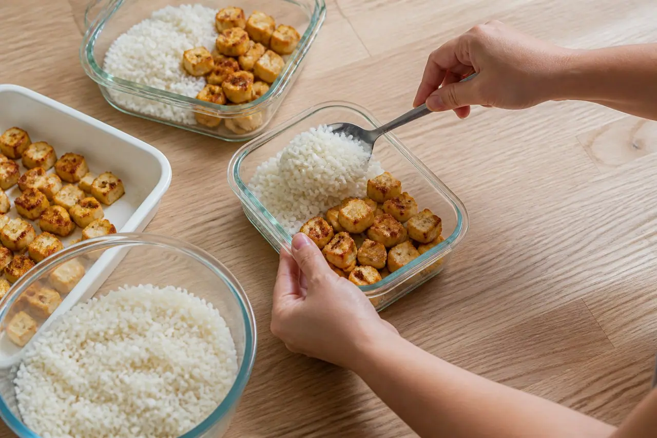 Hands packing cooled tofu and rice into shallow freezer containers