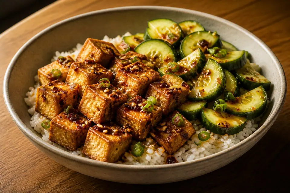 Crispy tofu cucumber rice and red chilli oil