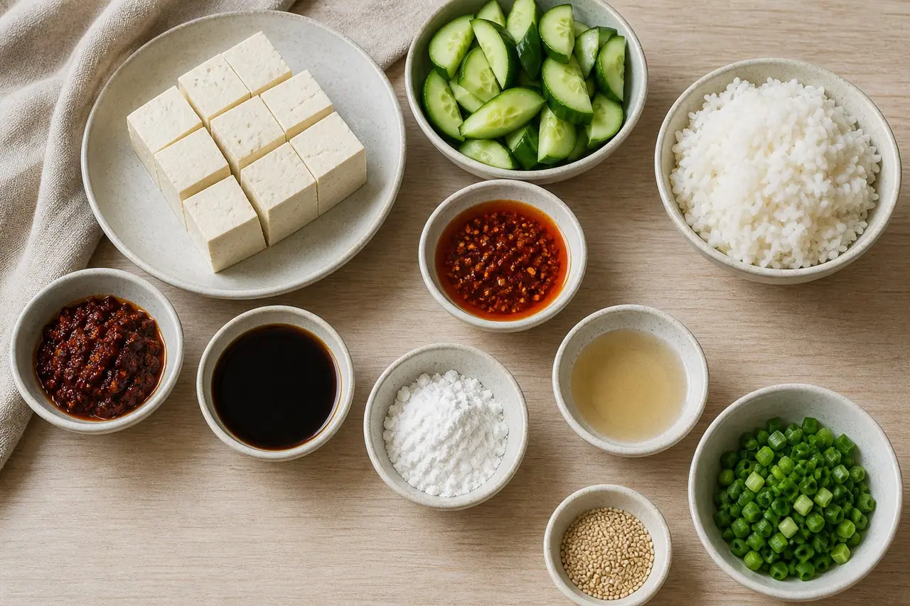 Tofu cucumber rice chilli oil vinegar soy sauce cornstarch and sesame