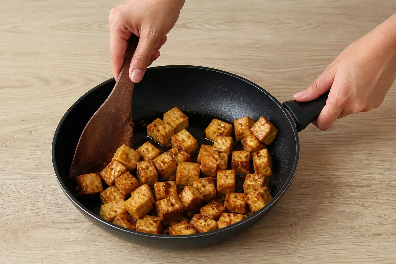 Hands tossing golden tofu pieces with soy sauce in a hot skillet