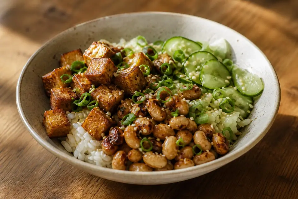 Crispy tofu and white beans with cucumber rice and herbs