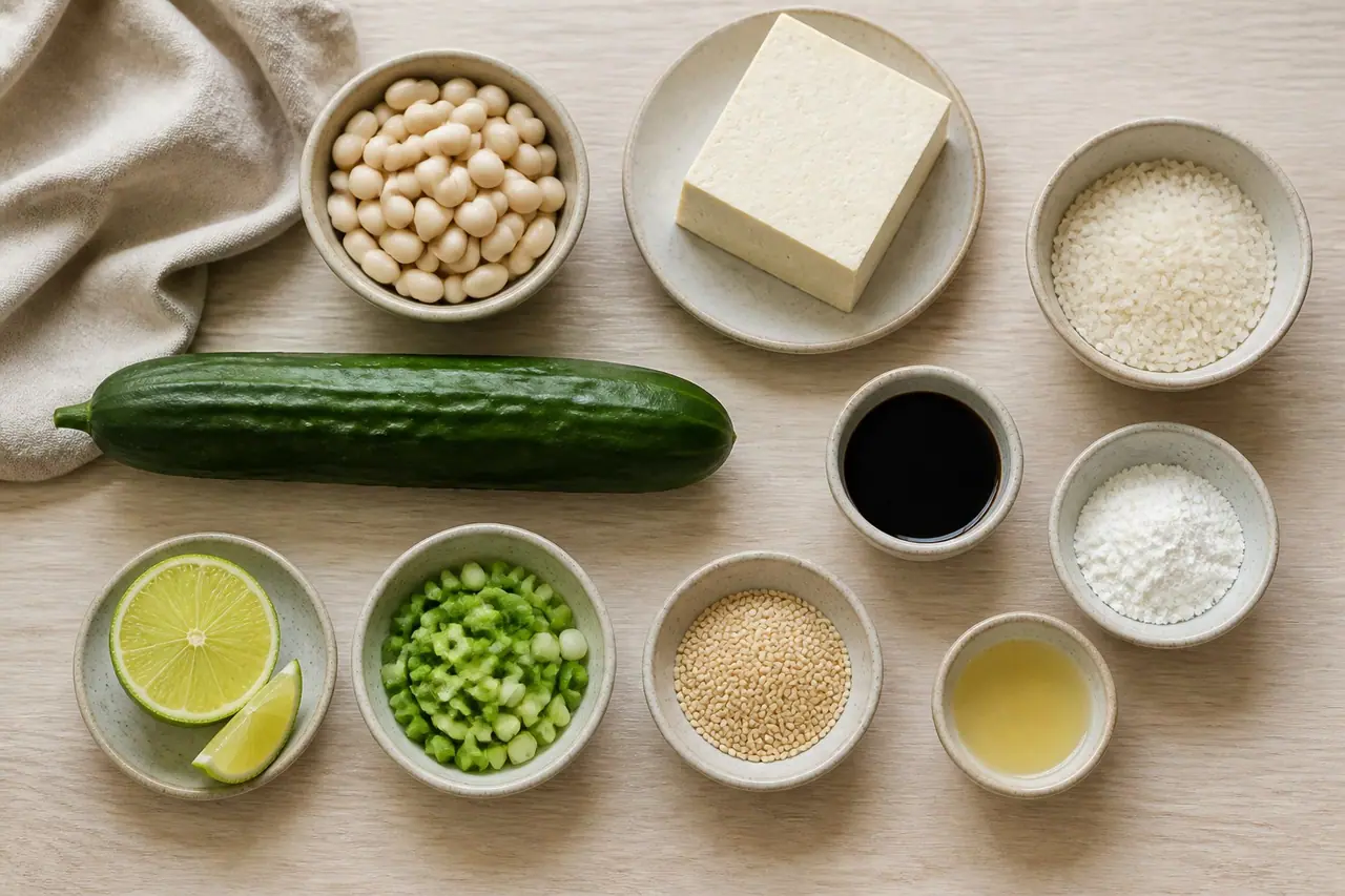 Tofu white beans cucumber rice lime soy sauce cornstarch and sesame