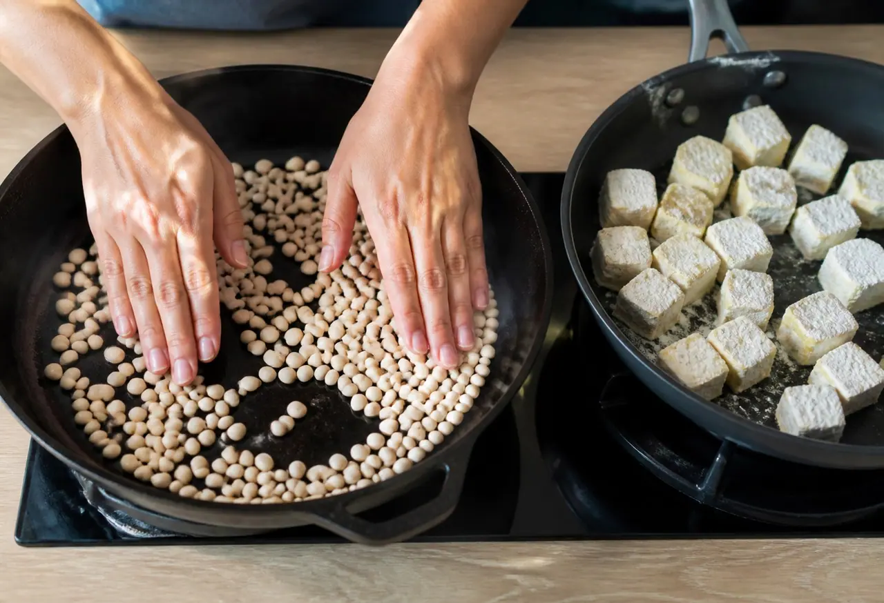 Hands spreading dry white beans across a hot skillet beside coated tofu
