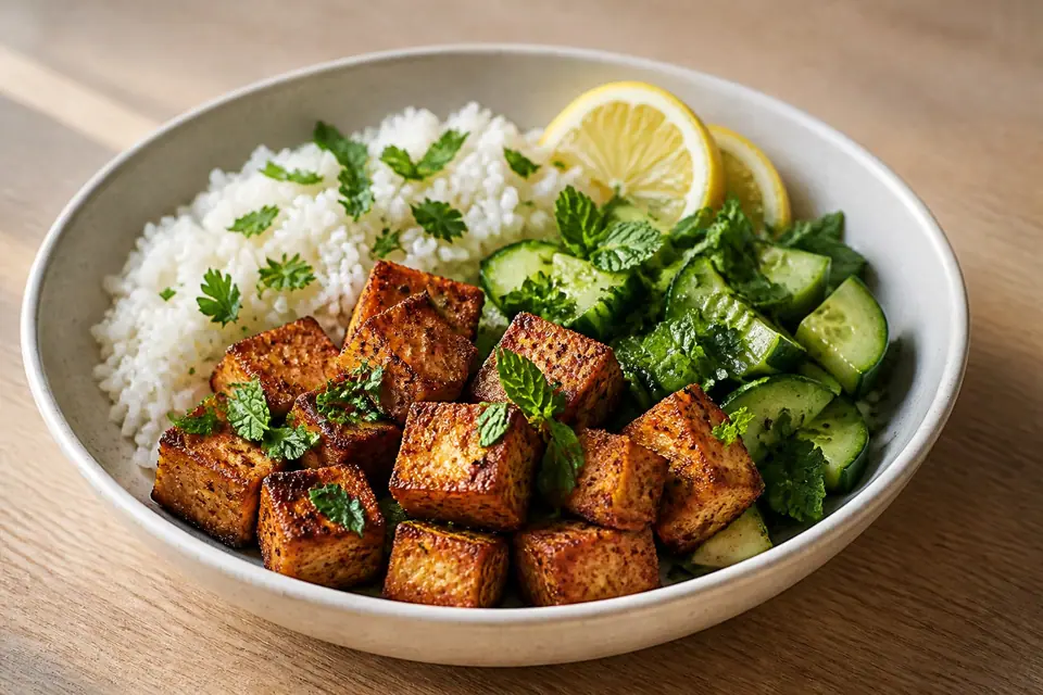 Crispy tofu with cucumber lemon herbs and rice