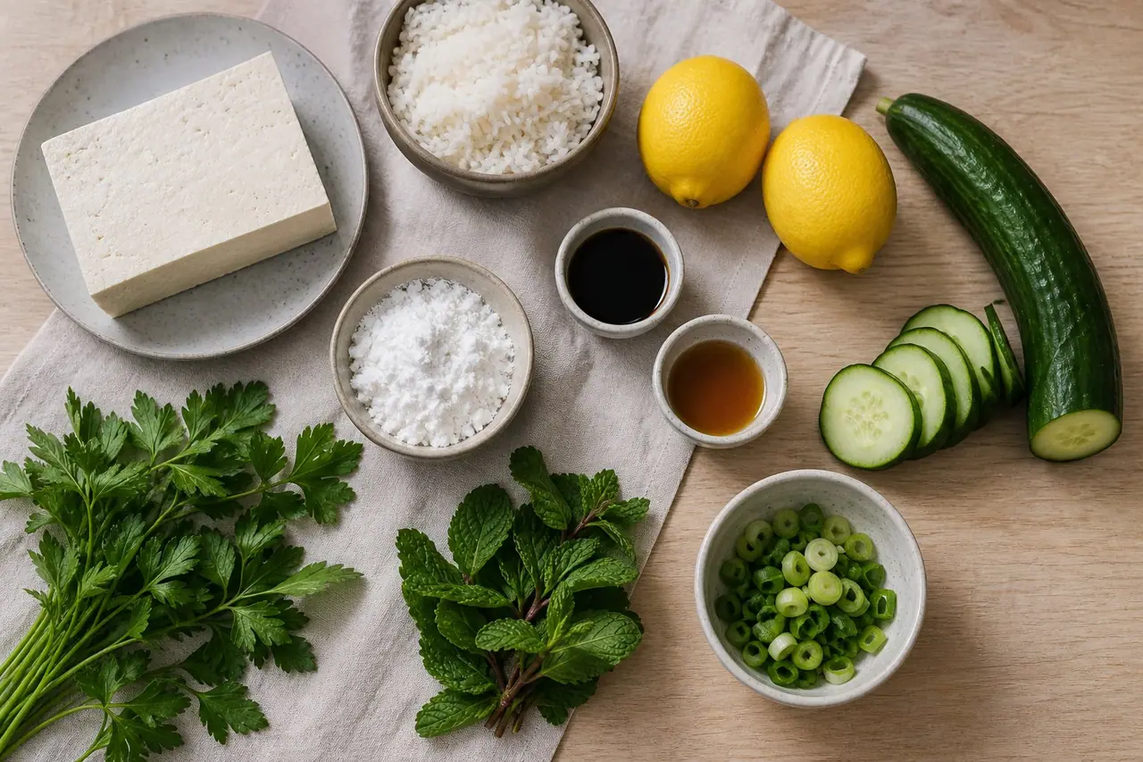 Tofu cucumber lemon herbs cornstarch tamari sesame oil and rice