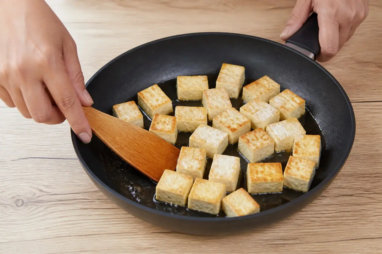 Hands turning cornstarch coated tofu pieces in a hot skillet