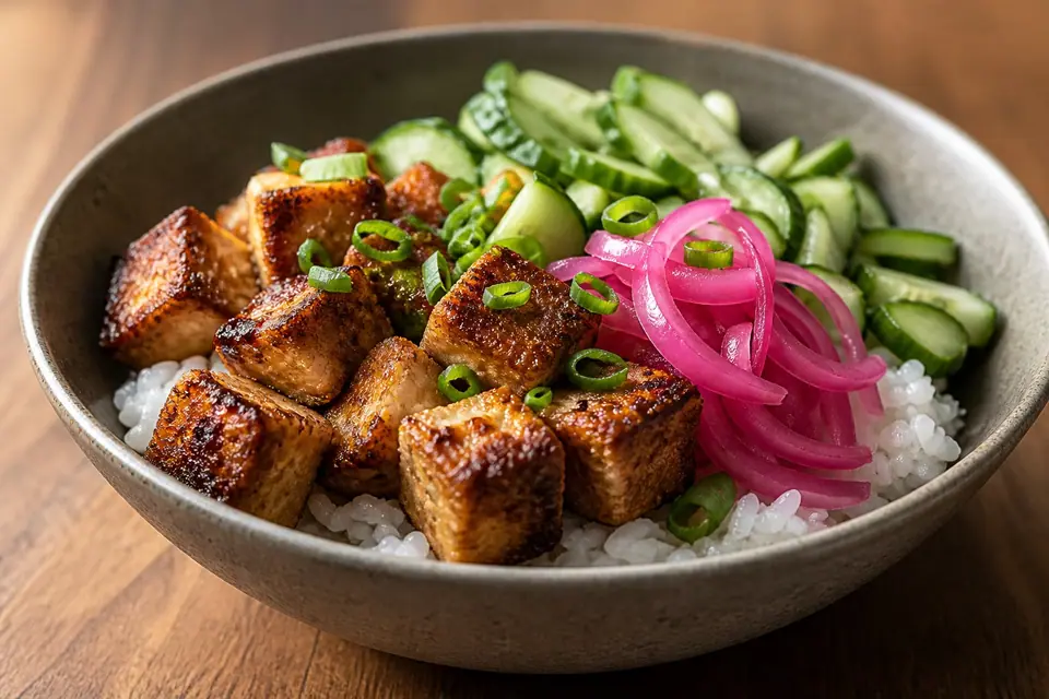 Crispy tofu cucumber rice and pickled red onions