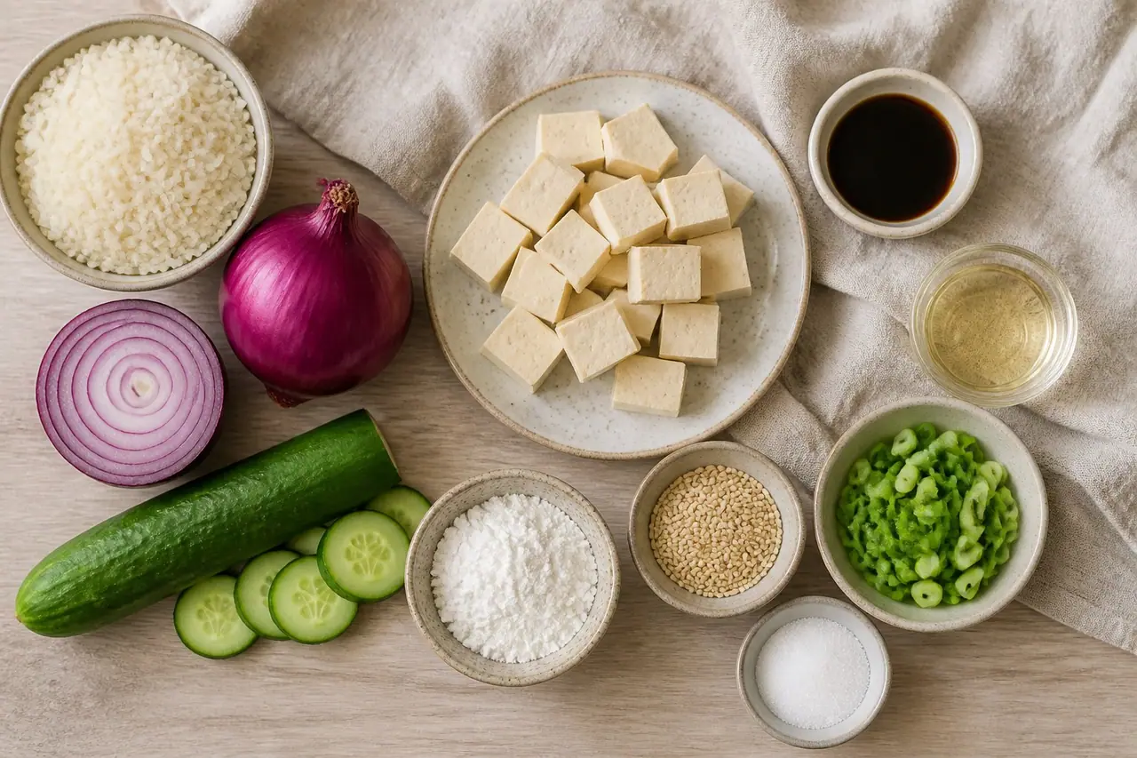 Tofu cucumber red onion rice vinegar cornstarch soy sauce and sesame