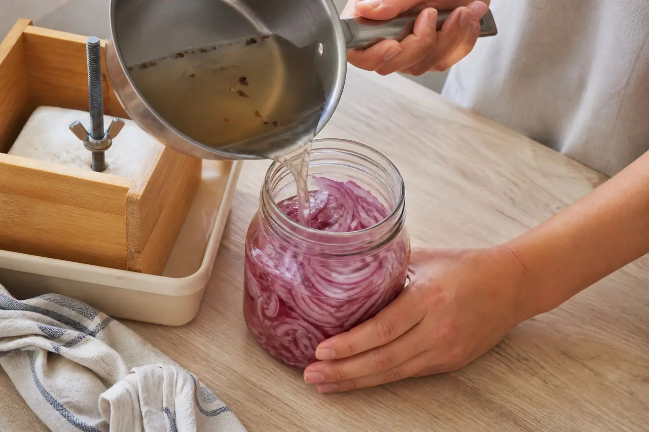 Hands lifting crisp tofu pieces beside a jar of pickled red onions