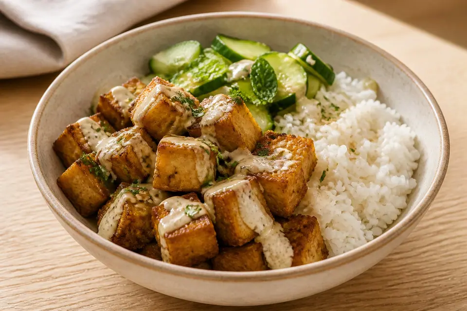 Crispy tofu cucumber rice and lemon tahini dressing